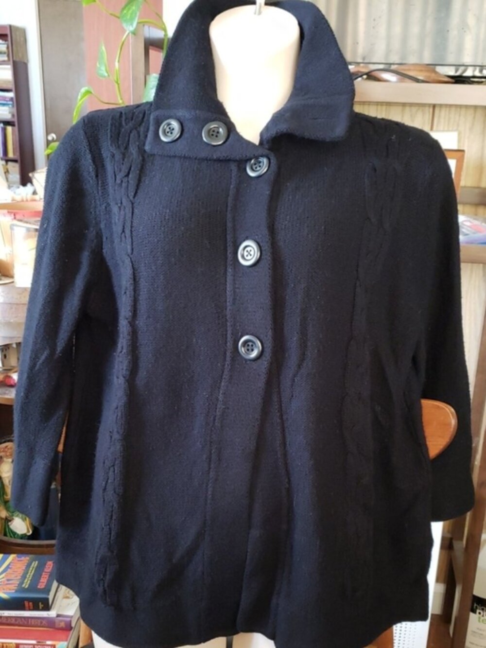 Chic Big Button Black Sweater Women's 3X by Effeci Woman with Convertible Collar